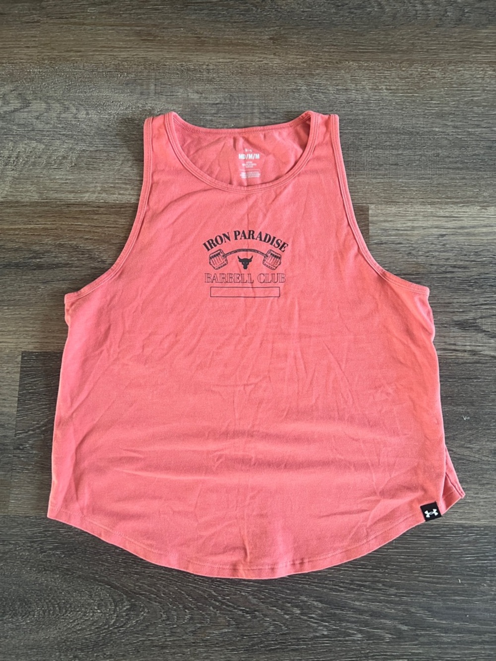 (12) Under Armour Coral-Pink Sleeveless Gym Tank with Iron Paradise Graphic